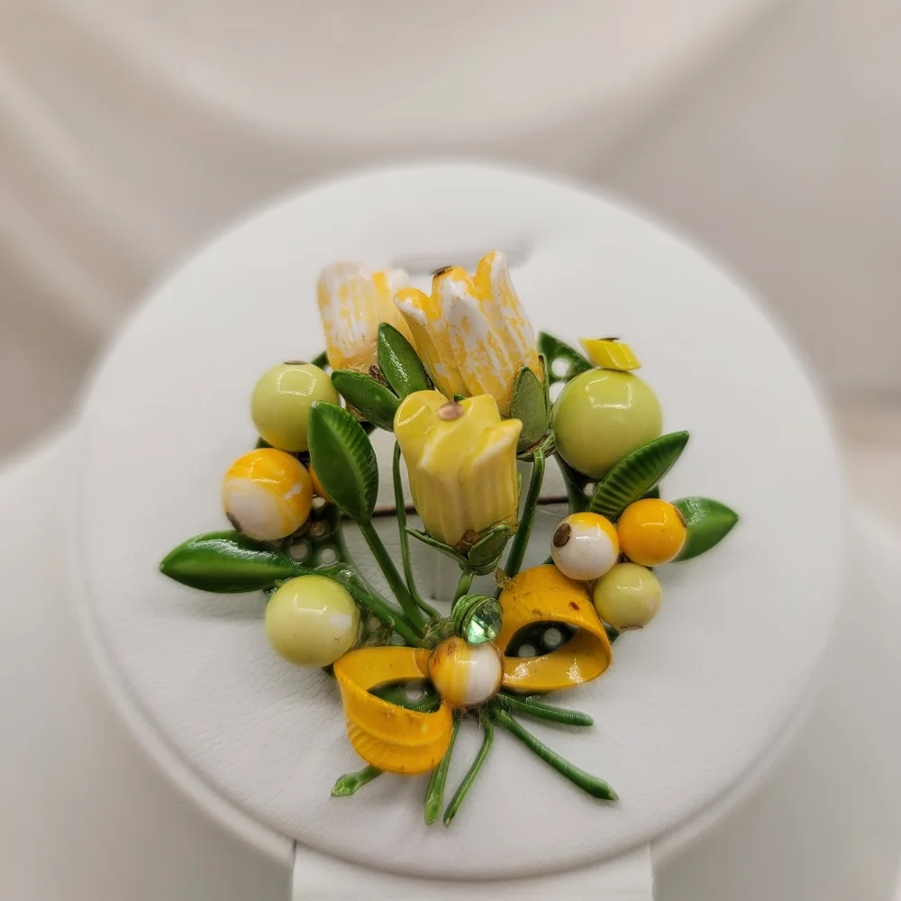 Charming Vintage Enamel Flower Bouquet Brooch and Earring Set - Picture 2 of 5